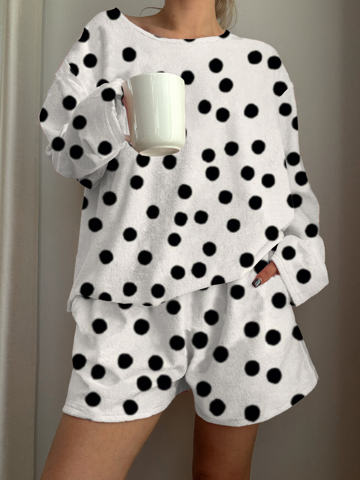 Black Polka Dot Printed Long-Sleeved Shorts Loungewear Set