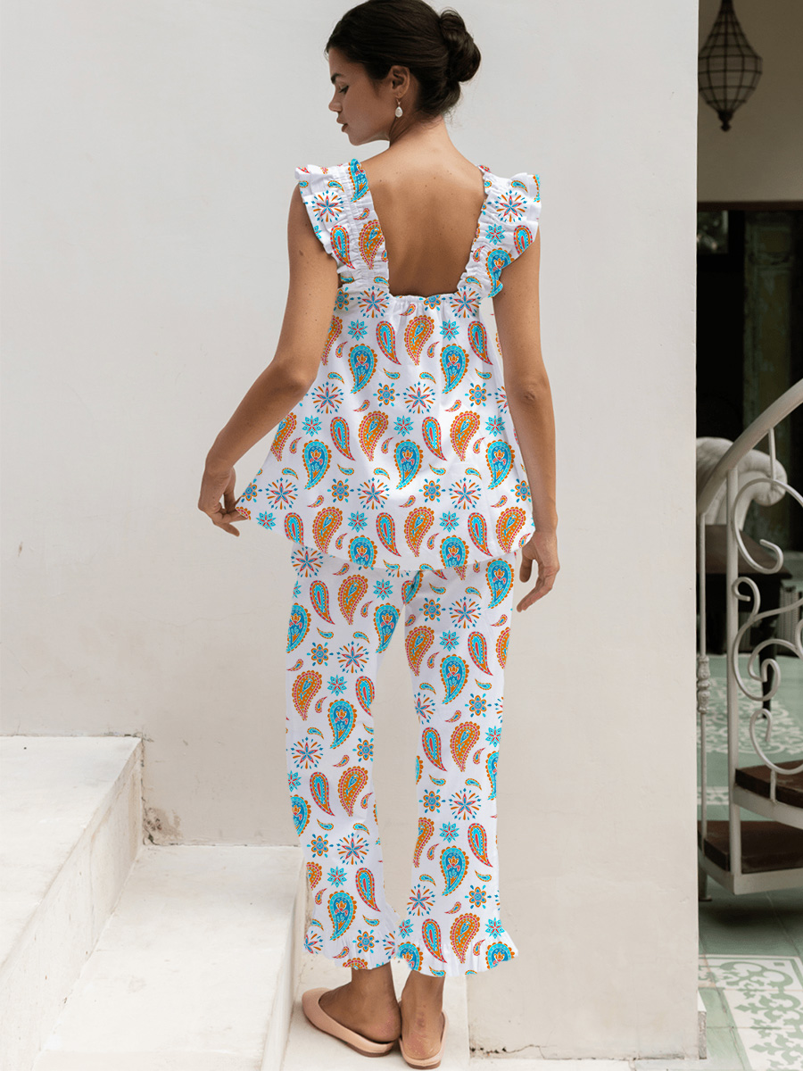 Floral Print Ruffled Trim Short Tank Top Pajama Set