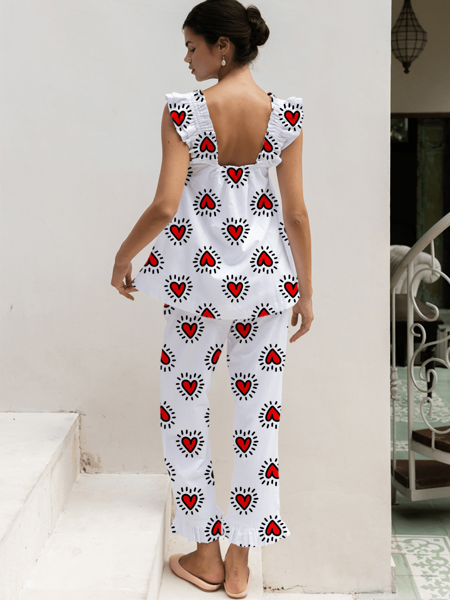 White & Red Large Floral Short Tank Top Pajama Set