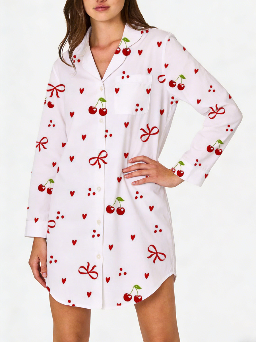 Red Cherry Print Sleep Shirtdress