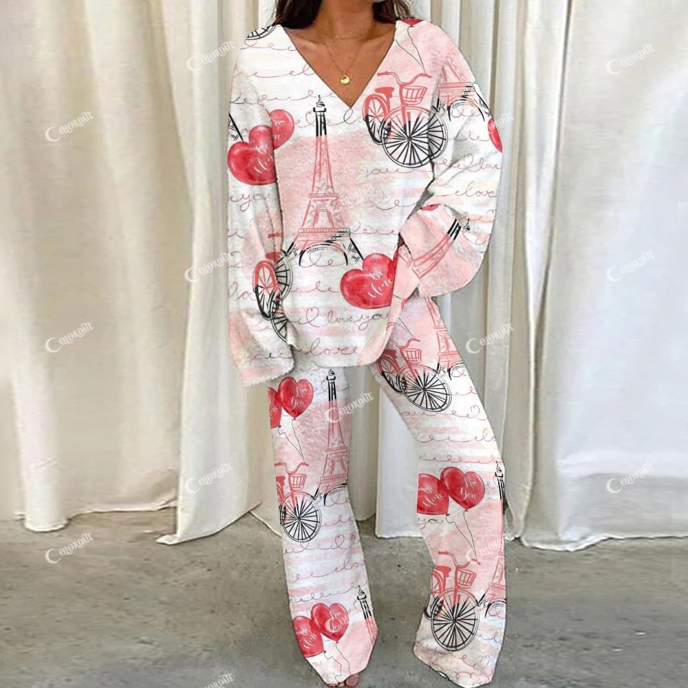 Valentine's Day Pink Eiffel Tower Letter Loungewear Set For Women