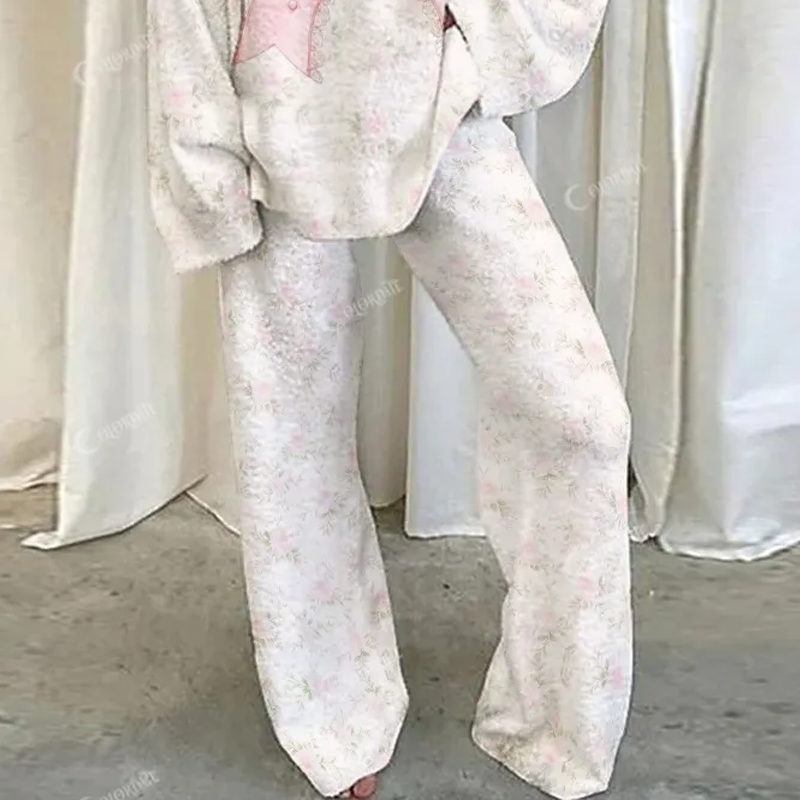 Pink Bow Lace Floral Loungewear Set For Women