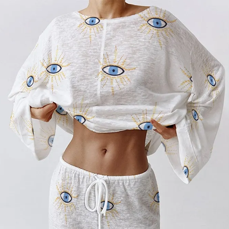 Colordate Women's Blue Eye Long Sleeve Cotton Homewear Set