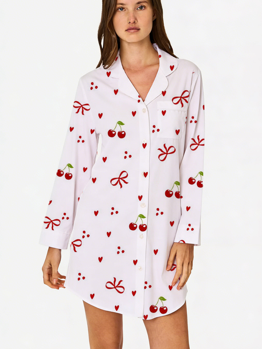Red Cherry Print Sleep Shirtdress