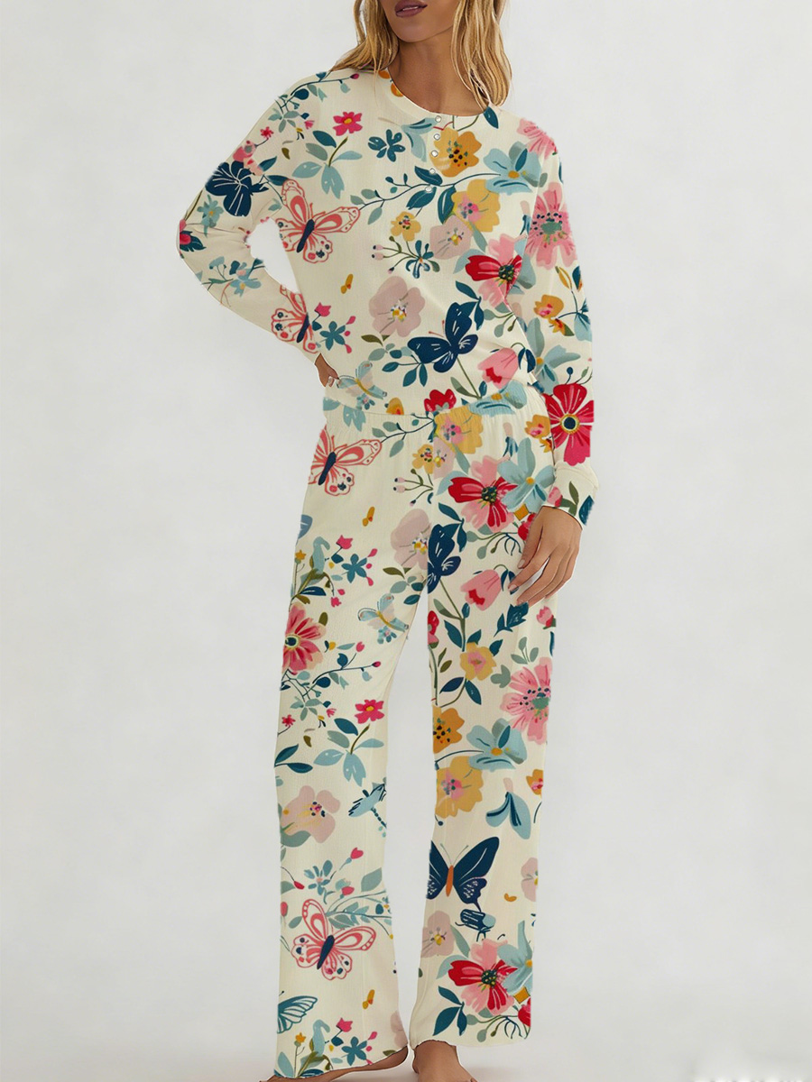 Colorful Floral Tropical Print Long Sleeve Suit