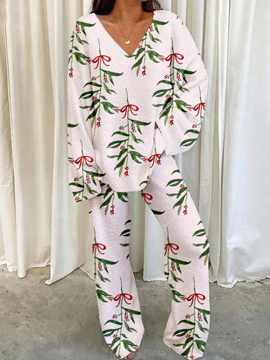 Women's Bow Print Home V Neck Long Sleeve Suit