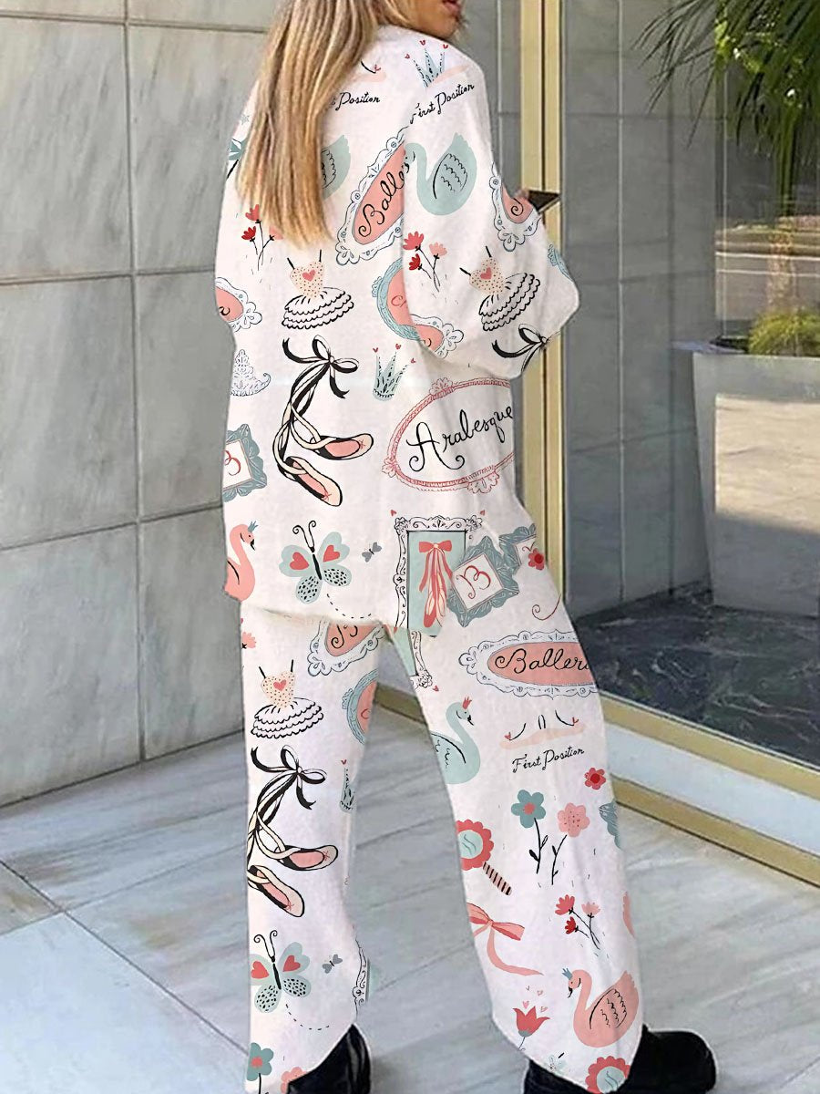 Women's Elegant Ballet Skirt Swan Print Long Sleeve V-Neck Suit