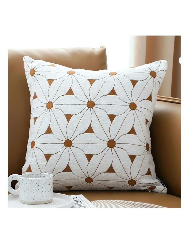 Daisy Flower Brown and White Cotton Cushion Brown and White