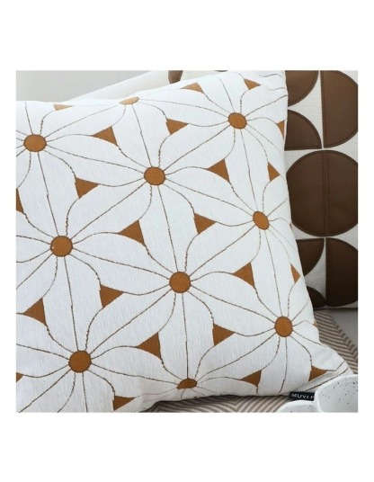Daisy Flower Brown and White Cotton Cushion Brown and White