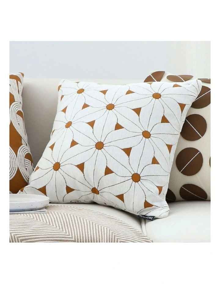 Daisy Flower Brown and White Cotton Cushion Brown and White