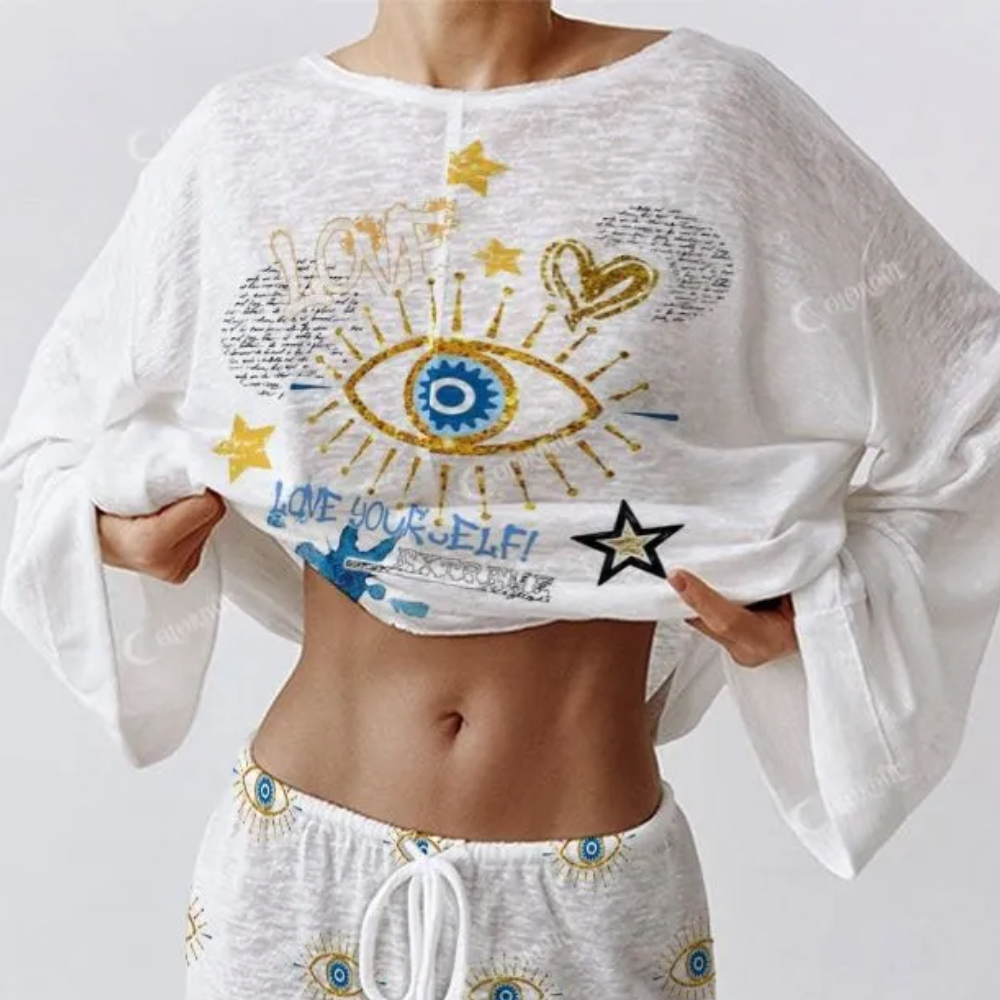 Colordate Women's Stars And Blue Eyes Long Sleeve Cotton Homewear Set