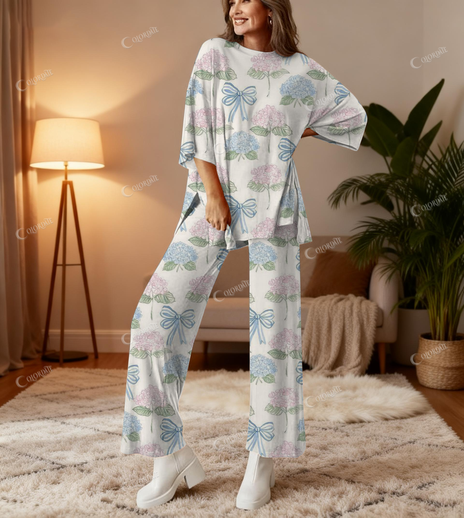 Hydrangea And Bow Print Bamboo-Soft Lounge Set Pants
