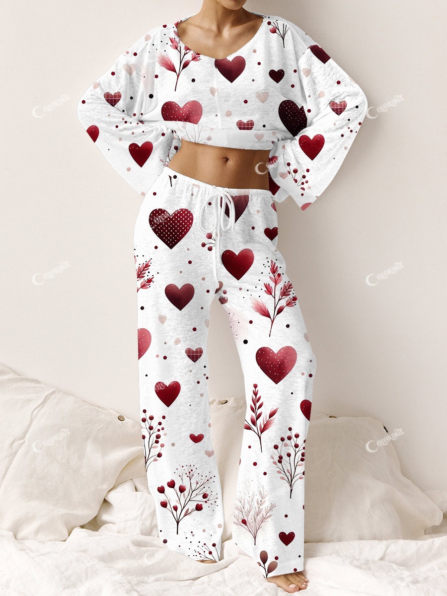 Women's Valentine's Day Heart Printed Long Sleeve Homewear Set