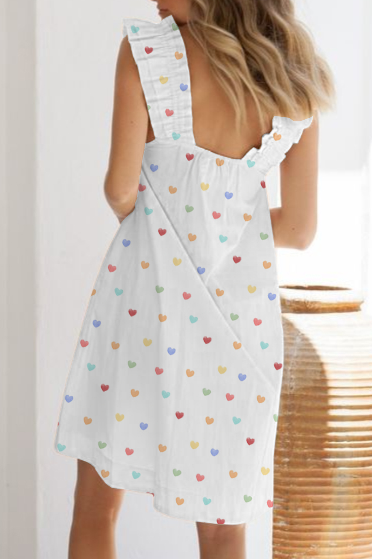 Women's Colorful Hearts Printed Ruffle Mid-Length Nightgown