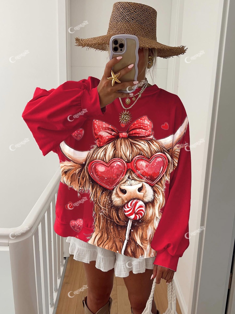 Women's Valentine's Day Lovely Cow Print Crew Neck Sweatshirt