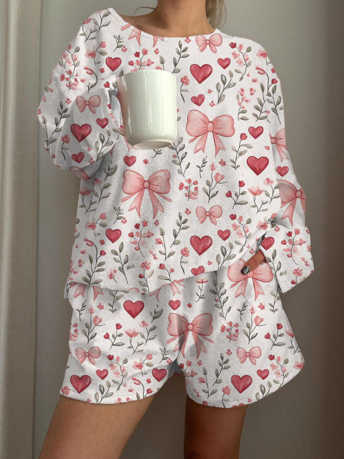 Love Bow Printed Long-Sleeved Shorts Loungewear Set