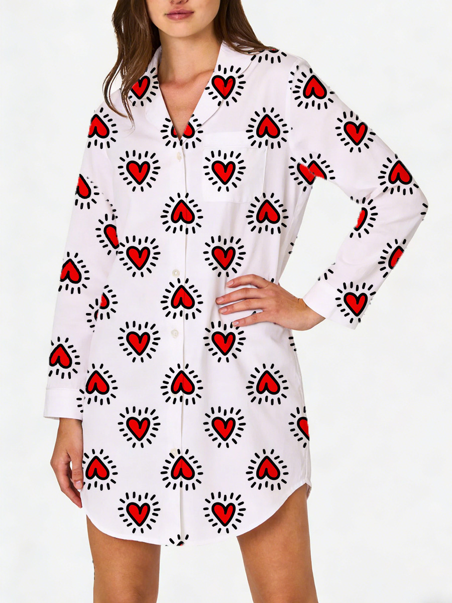 Red Heart Print Sleep Shirtdress