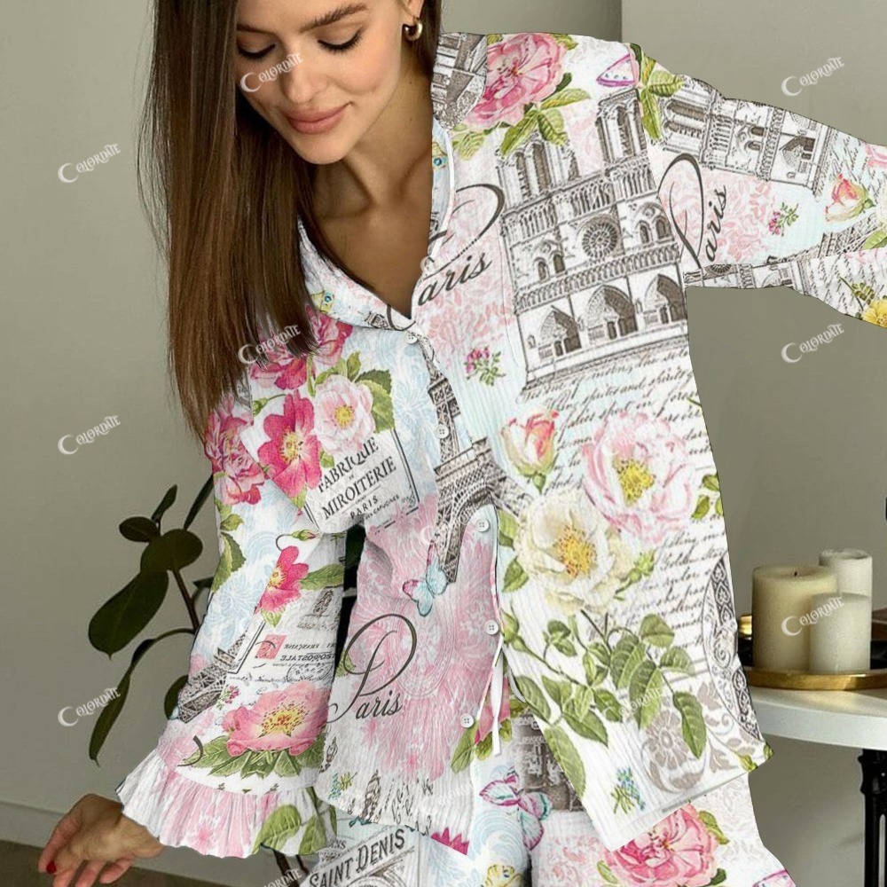 Women's Vintage Eiffel Tower Floral Letter Printed Linen Cotton Suit