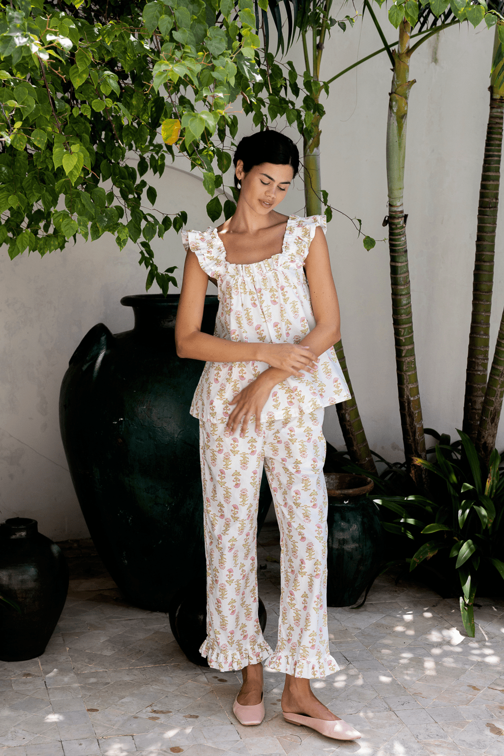 Colordate Lotus Flower Short Tank Top Pants Pajama Set