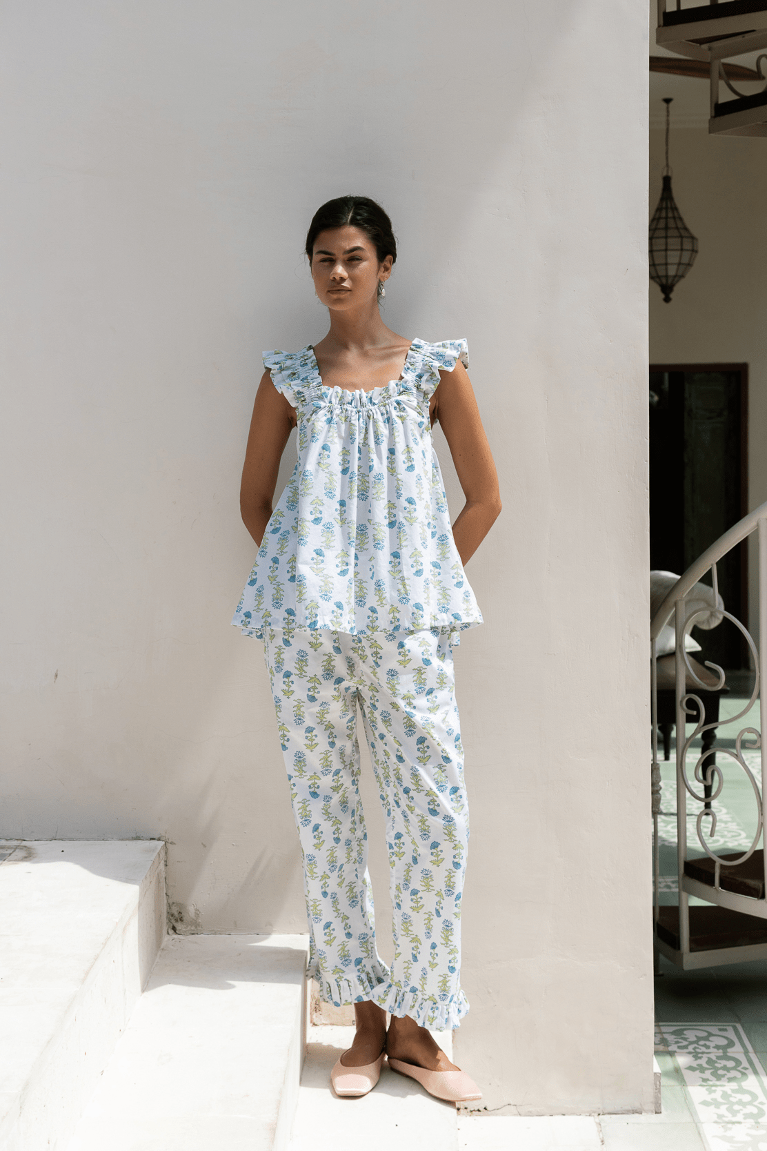 Colordate Lotus Flower Blue  Short Tank Top Pants Pajama Set