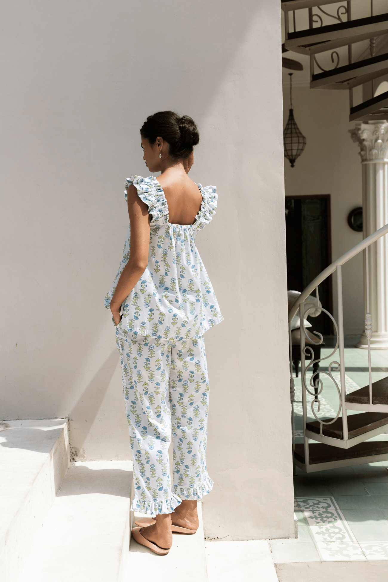 Colordate Lotus Flower Blue  Short Tank Top Pants Pajama Set