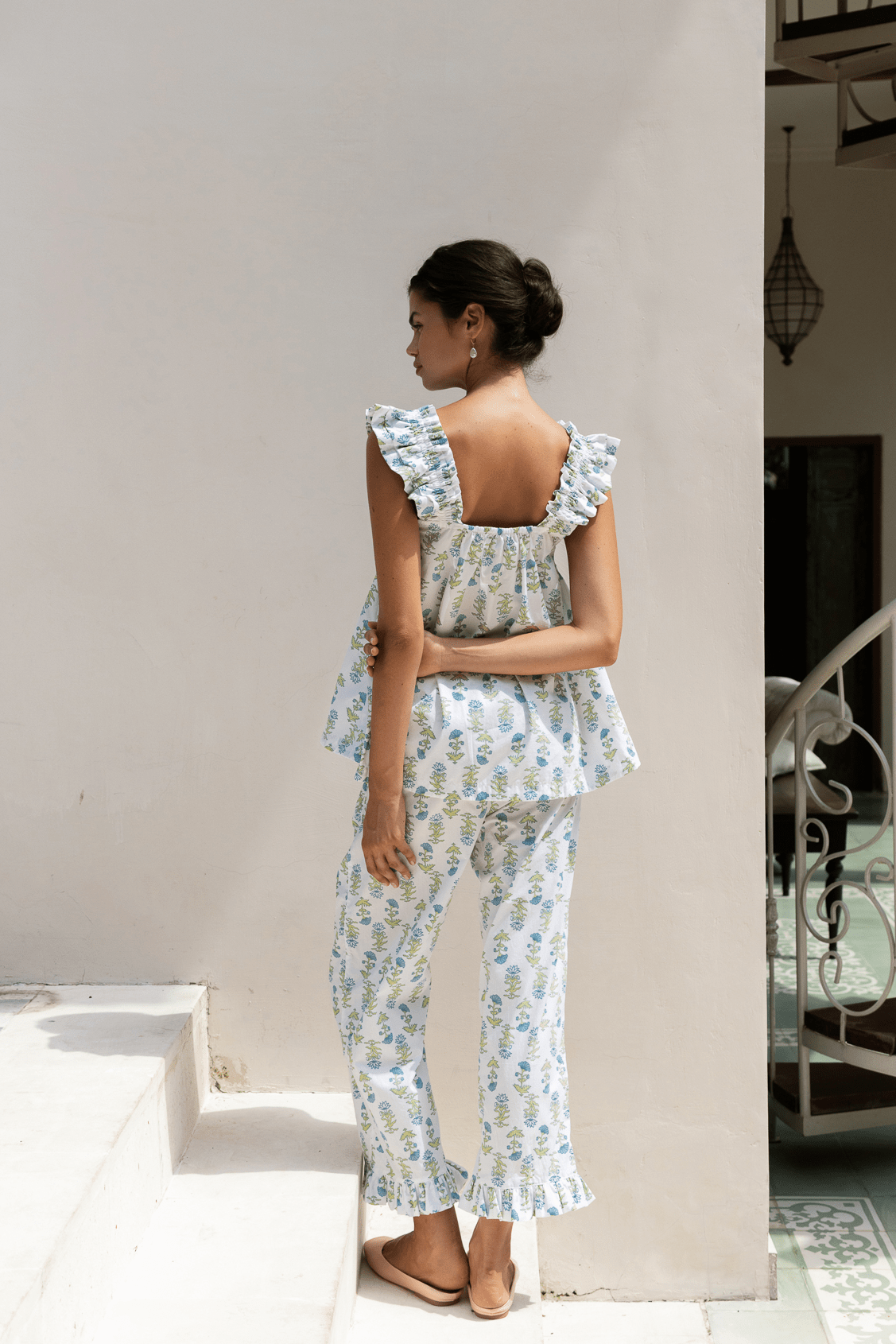 Colordate Lotus Flower Blue  Short Tank Top Pants Pajama Set