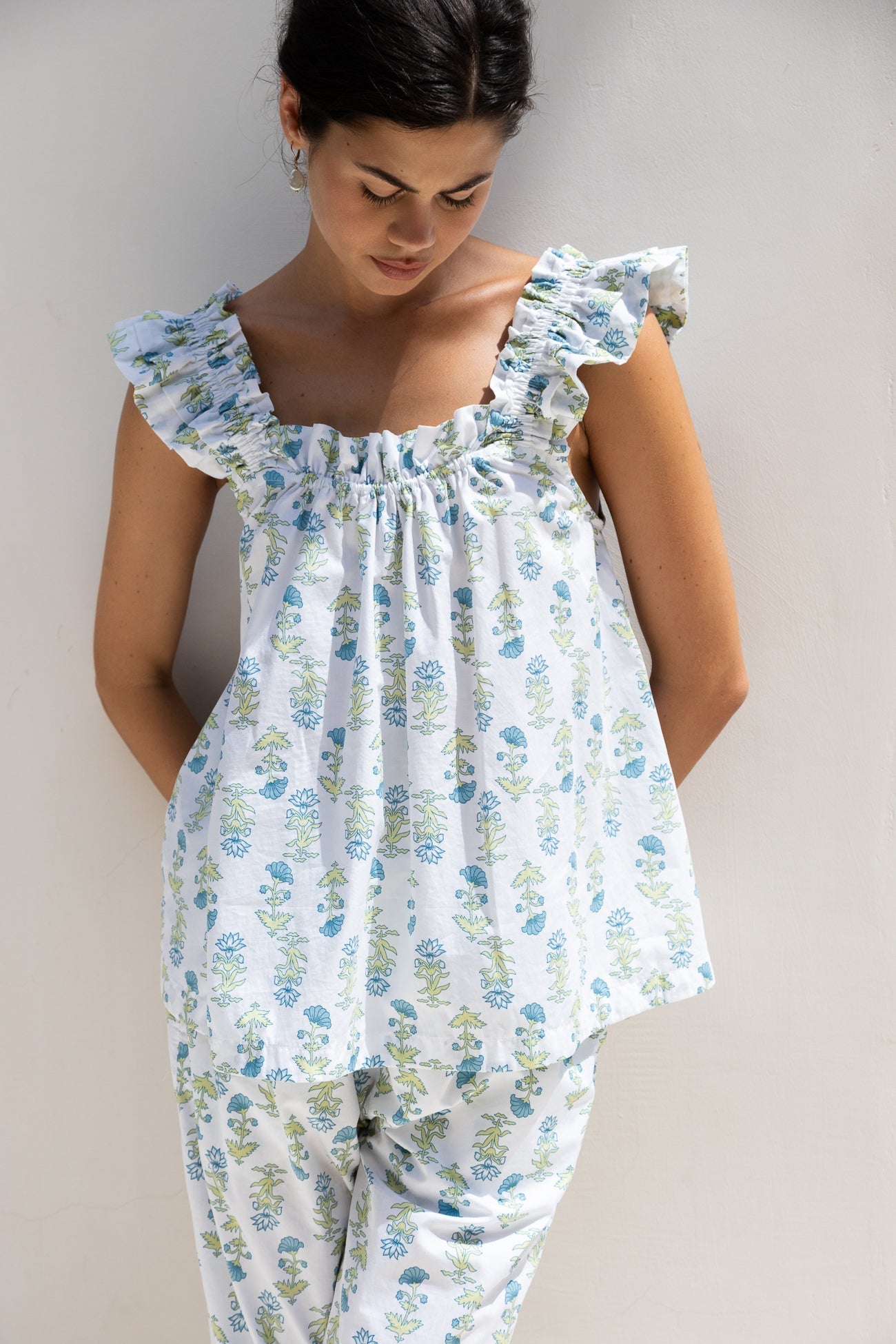 Colordate Lotus Flower Blue  Short Tank Top Pants Pajama Set