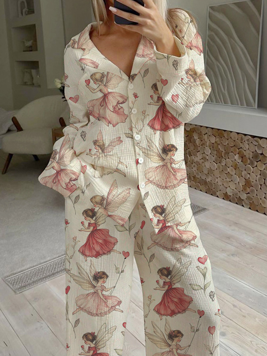 Women's Flower Fairy Pattern Long Sleeve Pants Suit