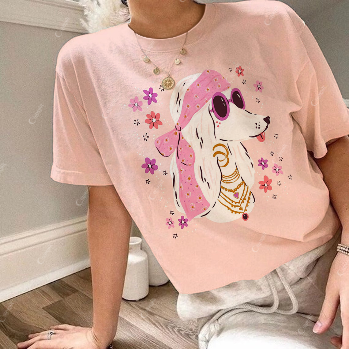 Women's  Flowers & Dog Print Round Neck Short Sleeve Tee