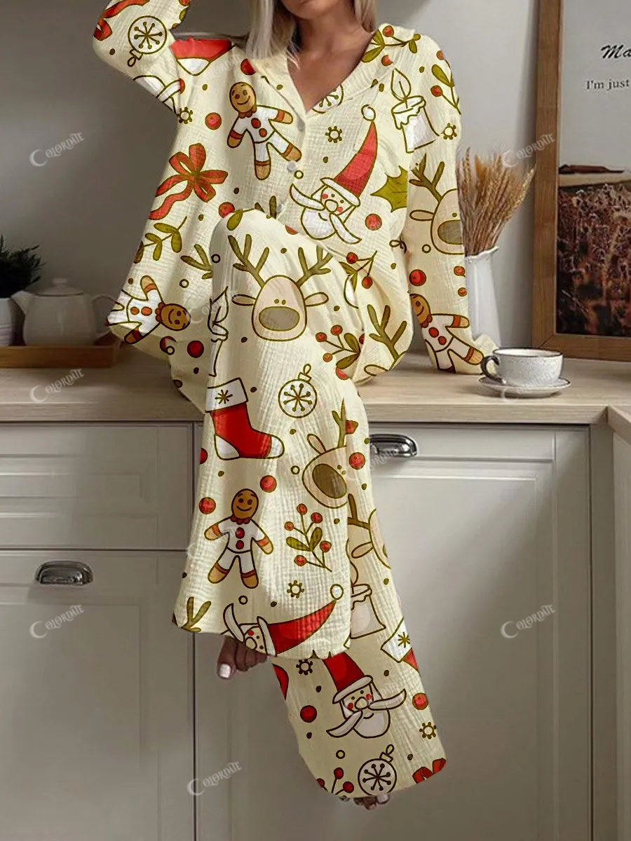 Women's Santa Claus Deer Print Cardigan Homewear Set