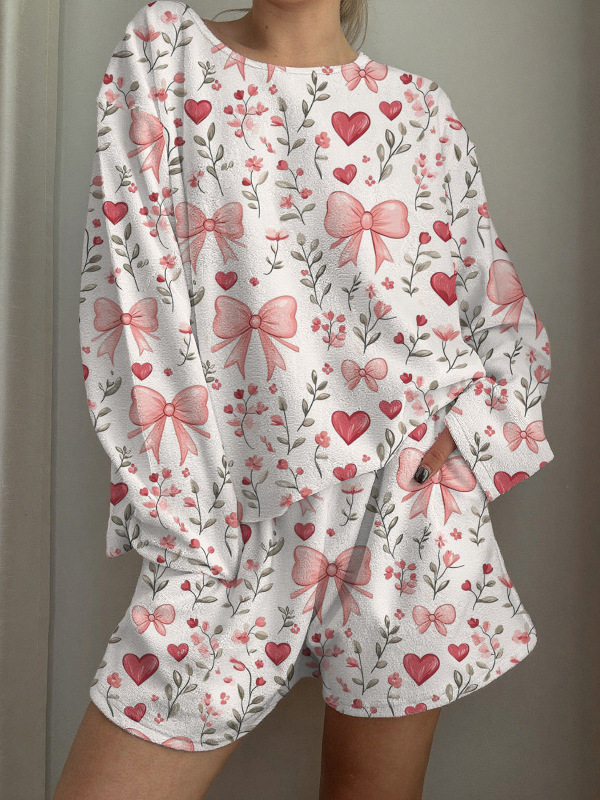 Love Bow Printed Long-Sleeved Shorts Loungewear Set