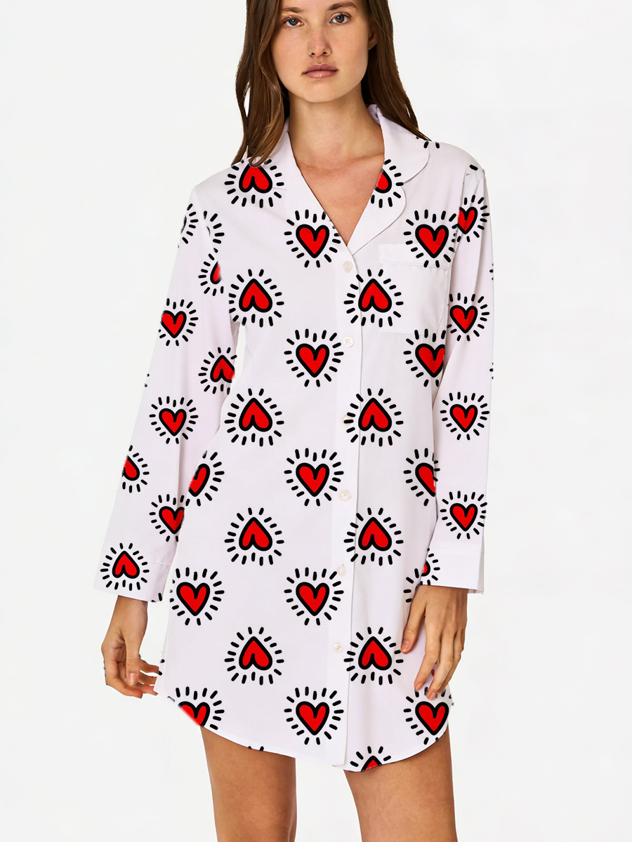 Red Heart Print Sleep Shirtdress