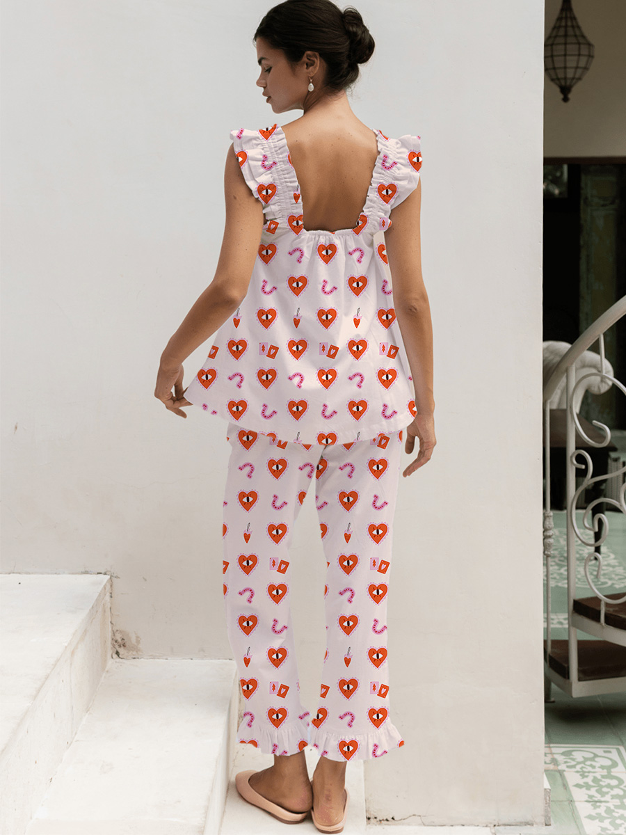 Floral Print Ruffled Trim Short Tank Top Pajama Set