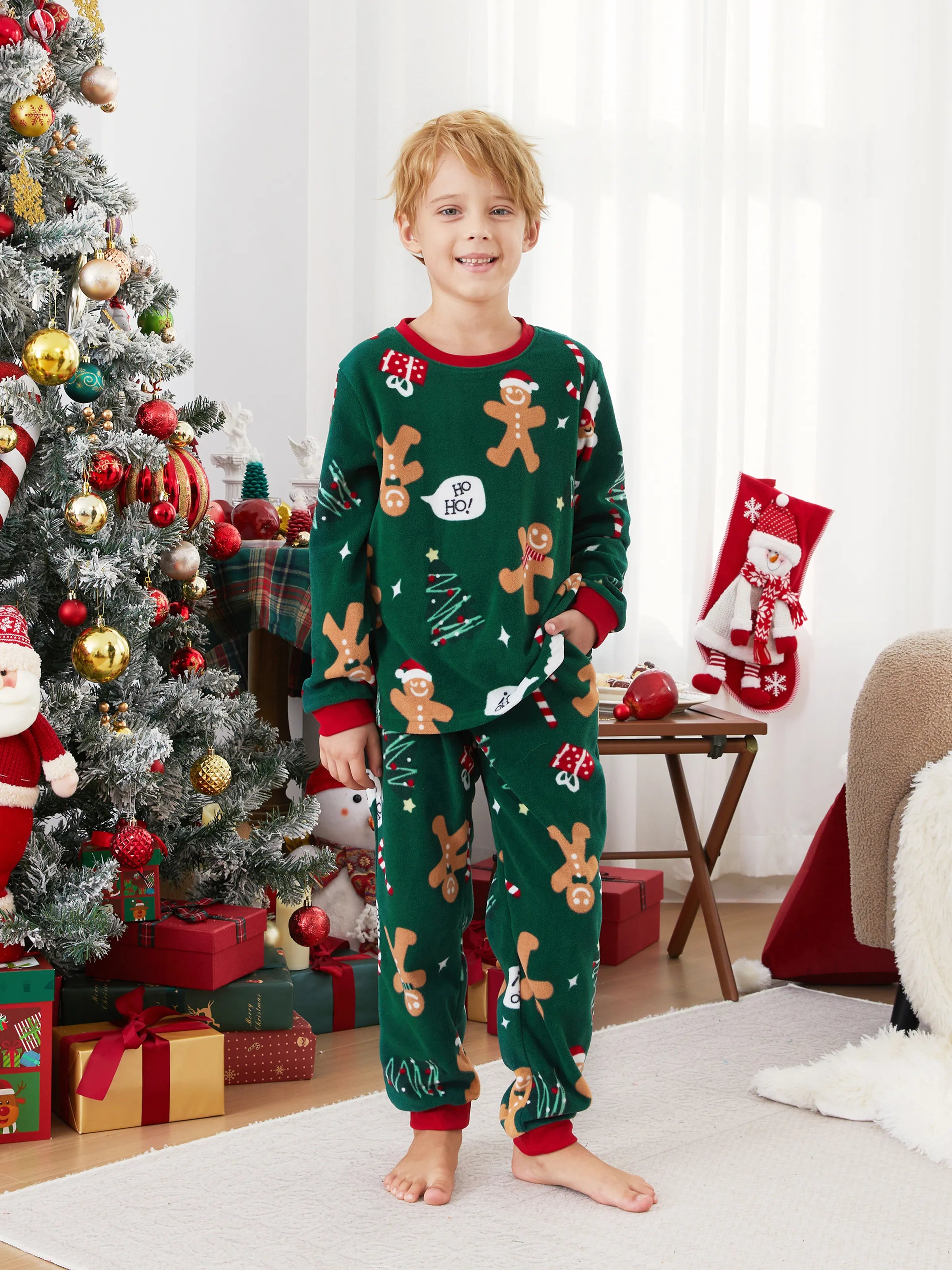 Christmas Pajamas Family Matching Fleece Gingerbread Man Long Sleeves Pajamas Sets