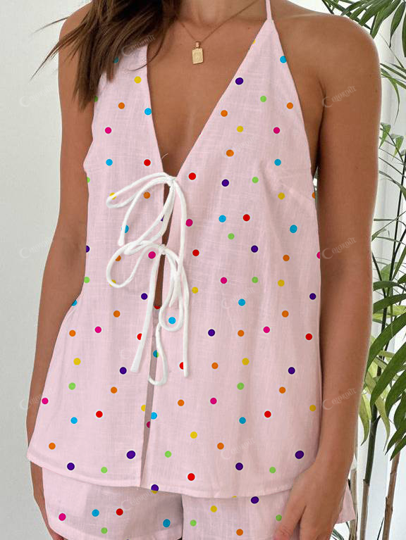 Color Wave Dot Print Halter Neck Tie-Up Top And Shorts Suit