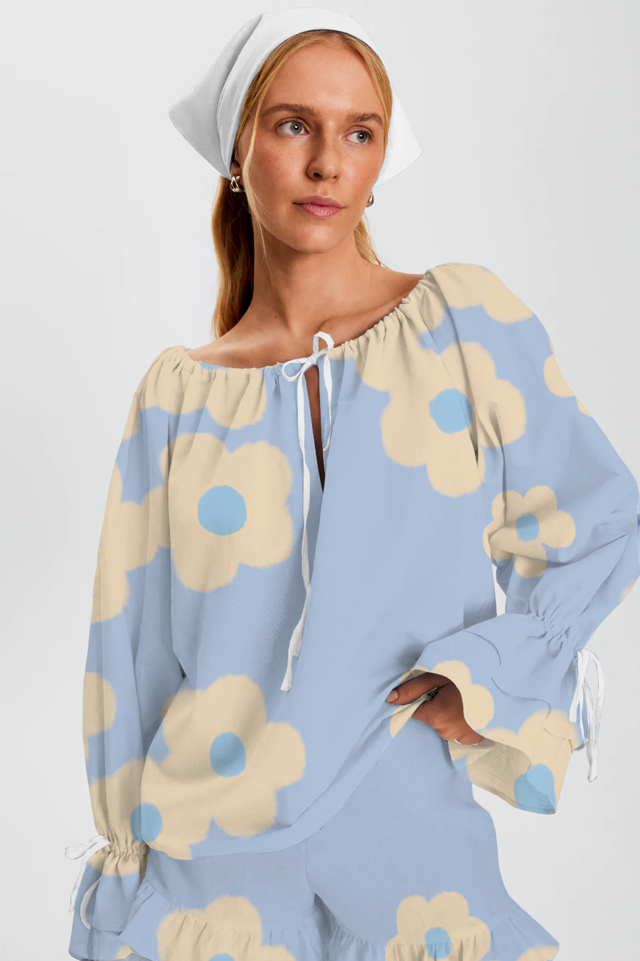 Yellow Flowers Printed Tie-Drawn Long Sleeve Ruffle Shorts Pajama Set