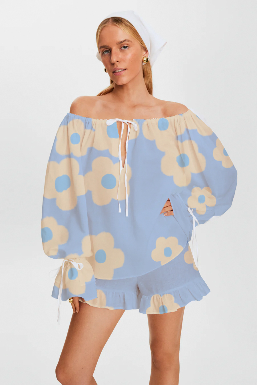 Yellow Flowers Printed Tie-Drawn Long Sleeve Ruffle Shorts Pajama Set
