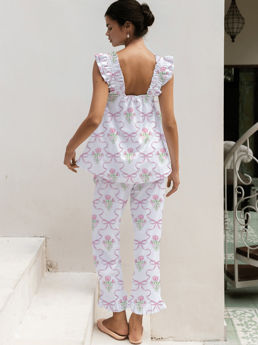 White & Pink Ditsy Floral Short Tank Top Pajama Set