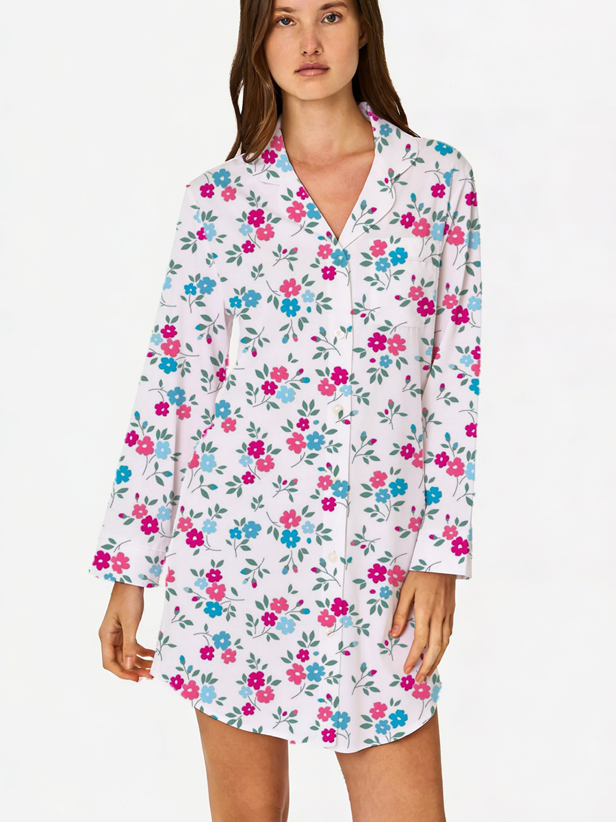 Blue Floral Print Sleep Shirtdress