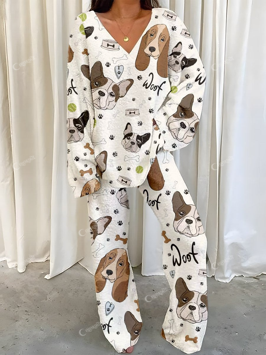 Women's Cute Dog Text Polka Dot Print V-Neck Polar Fleece Suit