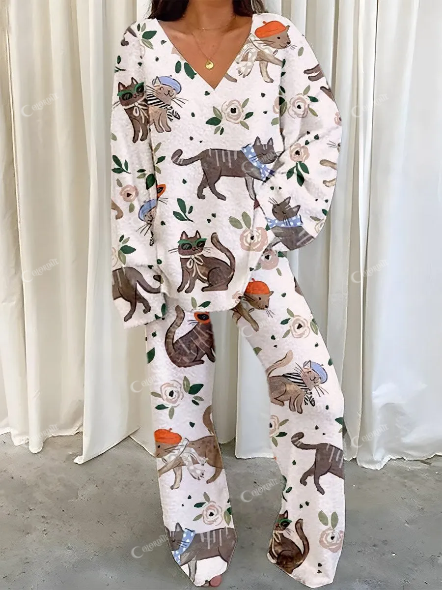 Women's Beige Cute Cat Floral Print Polar Fleece Suit