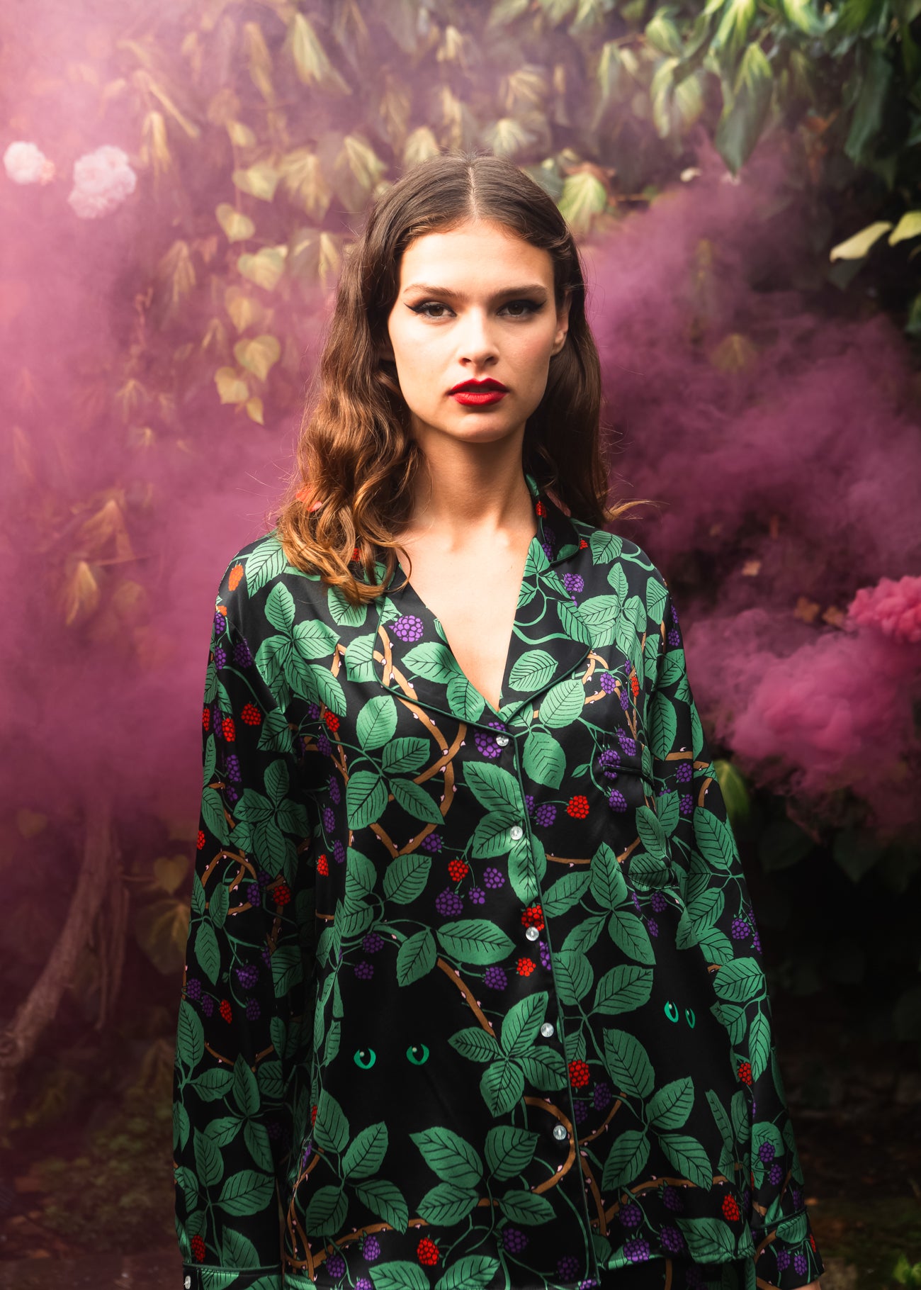 Women's Lapel Leaf Cat Print Long Sleeve Pajama Set