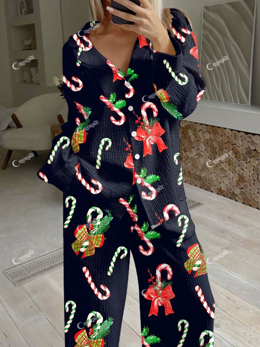 Women's Christmas Candy Cane Print Loose Homewear Set