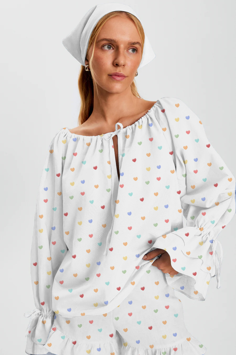 Colorful Heart Printed Tie-Drawn Long Sleeve Ruffle Shorts Pajama Set