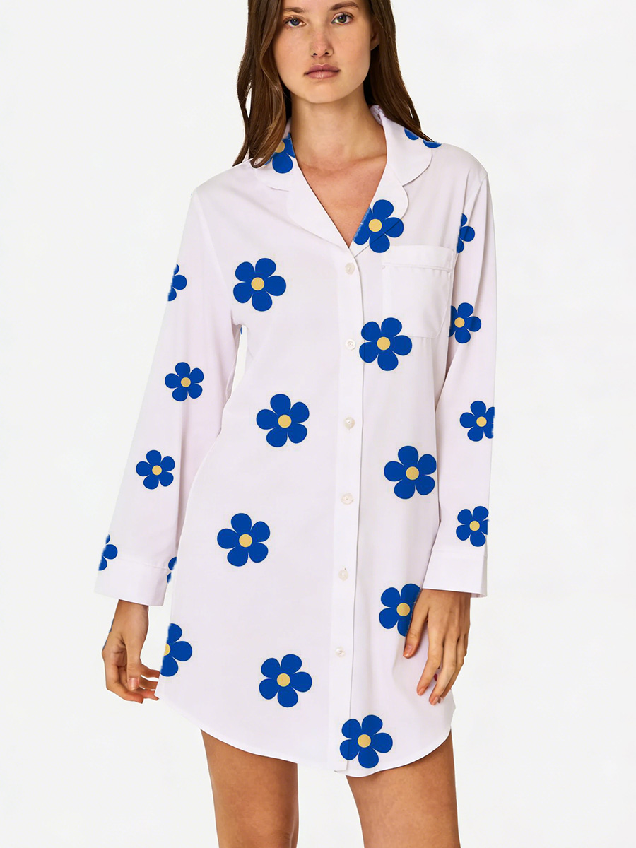 Blue Floral Print Sleep Shirtdress