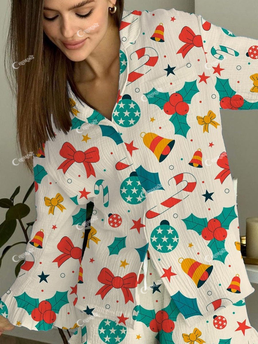 Women's Beige Christmas Art Painting Printed Home Long Sleeve Suit