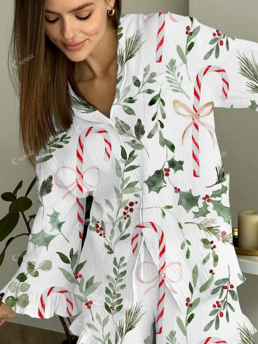 Women's Christmas Print Linen Cotton Suit