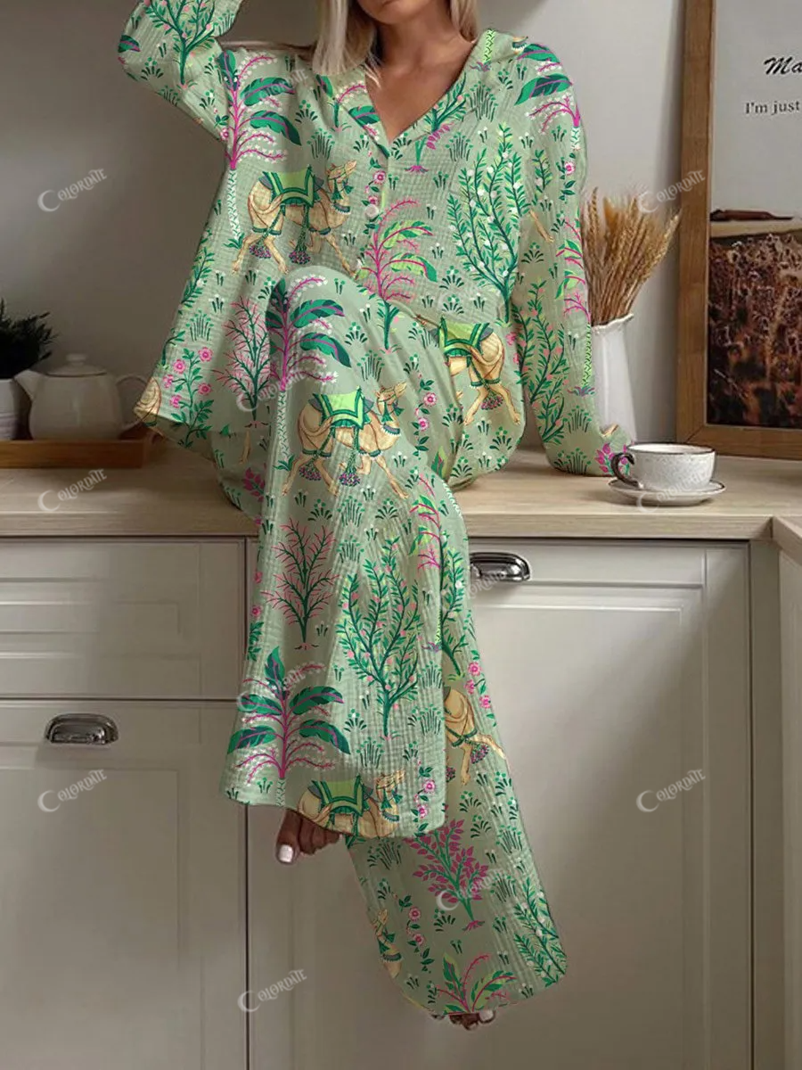 Women's Art Camel Flora Pattern Long Sleeve Pants Set