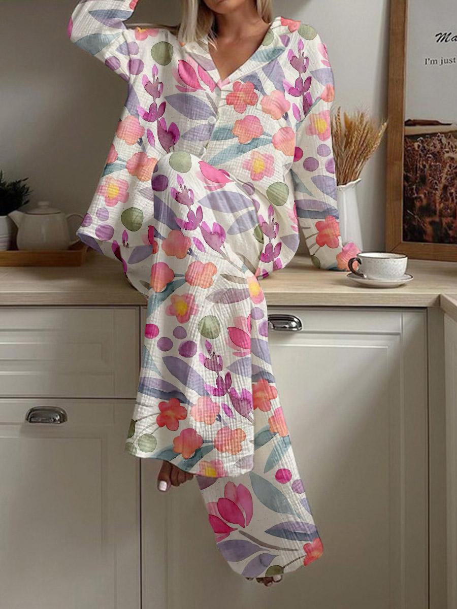 Women's Watercolor Floral Print Loose Loungewear Set