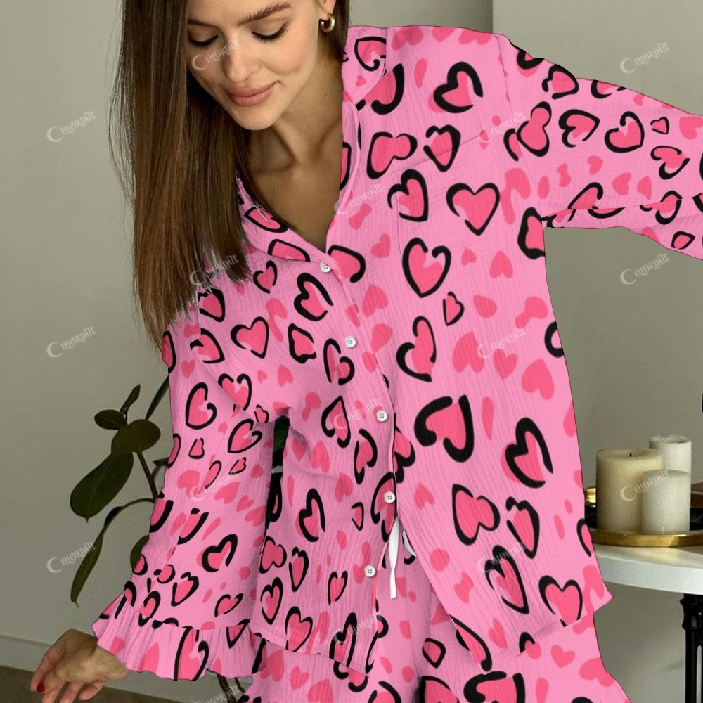 Women's Valentine's Day Pink Heart Leopard Printed Linen Cotton Suit